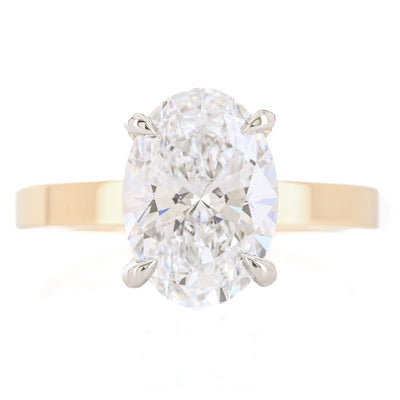 3.14CTW Oval Lab-Grown Diamond Engagement Ring, 3mm band - Hidden Halo + Solitaire - 14K Yellow Gold + 950 Platinum