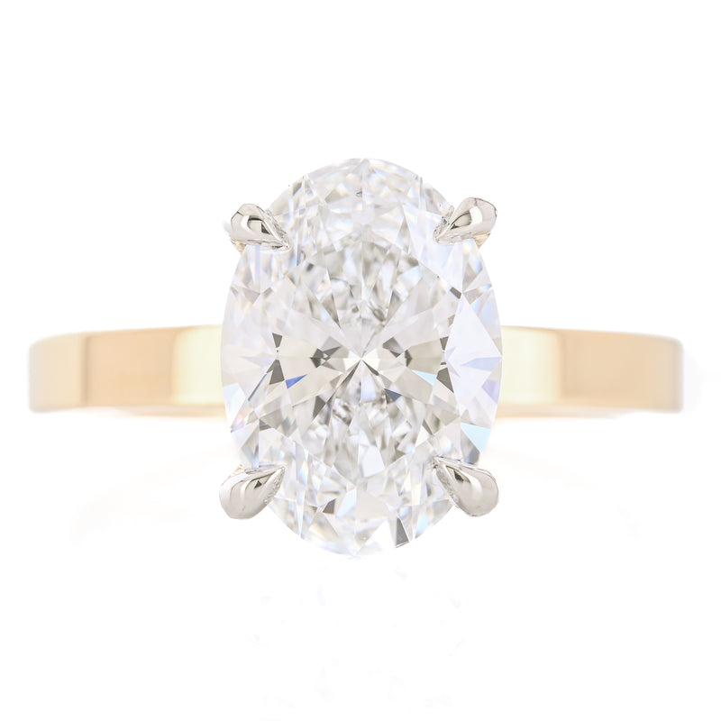 3.14CTW Oval Lab-Grown Diamond Engagement Ring, 3mm band - Hidden Halo + Solitaire - 14K Yellow Gold + 950 Platinum