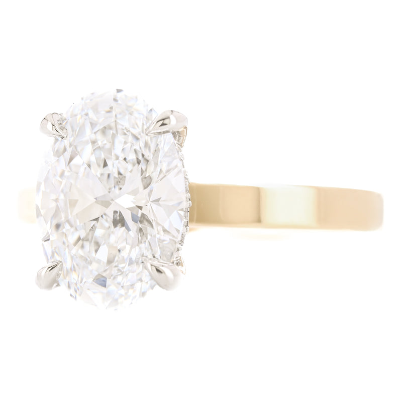 3.14CTW Oval Lab-Grown Diamond Engagement Ring, 3mm band - Hidden Halo + Solitaire - 14K Yellow Gold + 950 Platinum