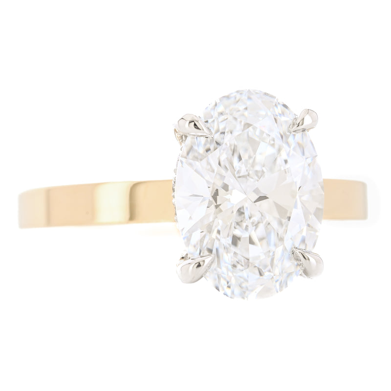 3.14CTW Oval Lab-Grown Diamond Engagement Ring, 3mm band - Hidden Halo + Solitaire - 14K Yellow Gold + 950 Platinum