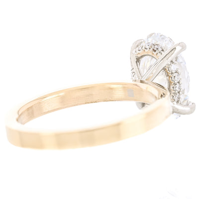 3.14CTW Oval Lab-Grown Diamond Engagement Ring, 3mm band - Hidden Halo + Solitaire - 14K Yellow Gold + 950 Platinum
