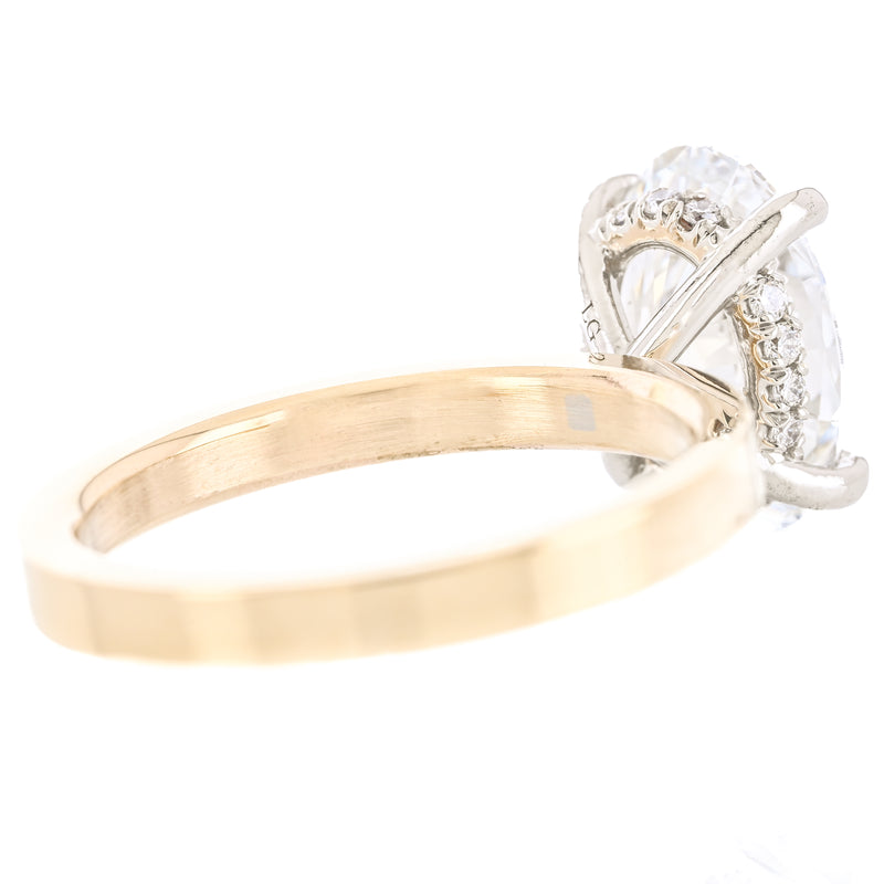 3.14CTW Oval Lab-Grown Diamond Engagement Ring, 3mm band - Hidden Halo + Solitaire - 14K Yellow Gold + 950 Platinum