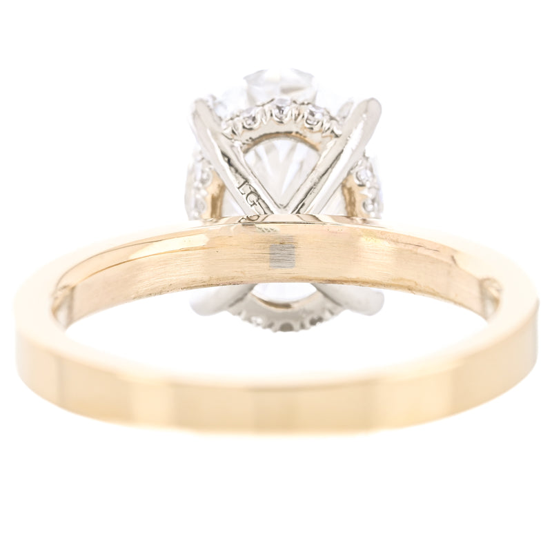3.14CTW Oval Lab-Grown Diamond Engagement Ring, 3mm band - Hidden Halo + Solitaire - 14K Yellow Gold + 950 Platinum