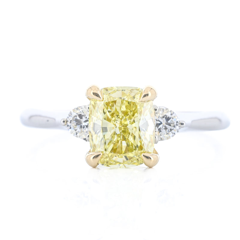 1.79CTW Fancy Yellow Cushion + Round Lab Grown Diamond Three Stone Engagement Ring - 14K White Gold + 18K Yellow Gold