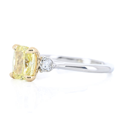 1.79CTW Fancy Yellow Cushion + Round Lab Grown Diamond Three Stone Engagement Ring - 14K White Gold + 18K Yellow Gold