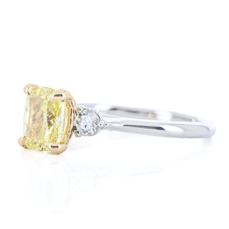 1.79CTW Fancy Yellow Cushion + Round Lab Grown Diamond Three Stone Engagement Ring - 14K White Gold + 18K Yellow Gold