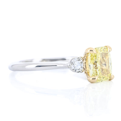 1.79CTW Fancy Yellow Cushion + Round Lab Grown Diamond Three Stone Engagement Ring - 14K White Gold + 18K Yellow Gold