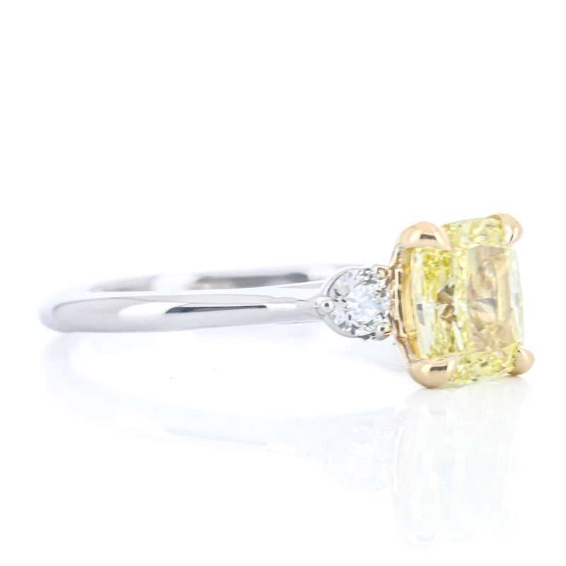 1.79CTW Fancy Yellow Cushion + Round Lab Grown Diamond Three Stone Engagement Ring - 14K White Gold + 18K Yellow Gold