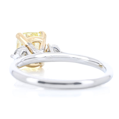 1.79CTW Fancy Yellow Cushion + Round Lab Grown Diamond Three Stone Engagement Ring - 14K White Gold + 18K Yellow Gold