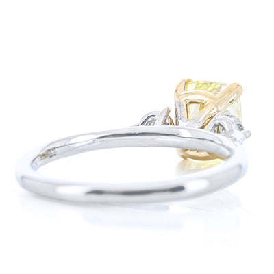 1.79CTW Fancy Yellow Cushion + Round Lab Grown Diamond Three Stone Engagement Ring - 14K White Gold + 18K Yellow Gold