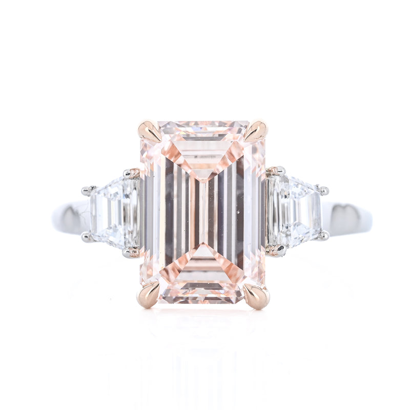 4.35CTW Fancy Pink Emerald + Trapezoid Diamond Three Stone Engagement Ring - 18K Rose Gold + 950 Platinum