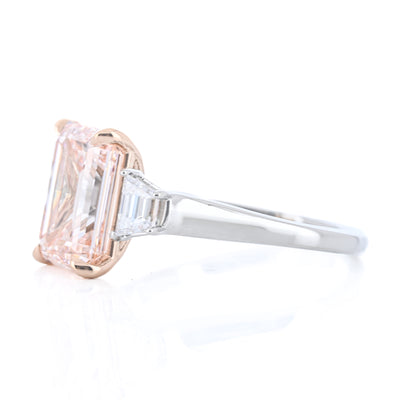 4.35CTW Fancy Pink Emerald + Trapezoid Diamond Three Stone Engagement Ring - 18K Rose Gold + 950 Platinum