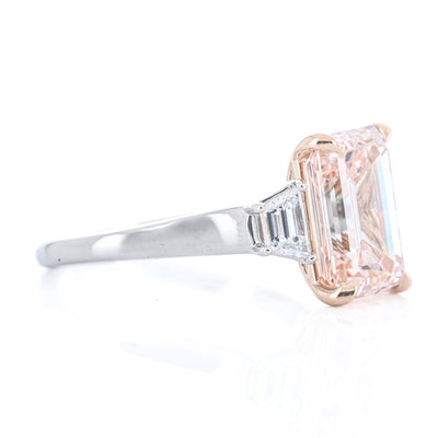 4.35CTW Fancy Pink Emerald + Trapezoid Diamond Three Stone Engagement Ring - 18K Rose Gold + 950 Platinum