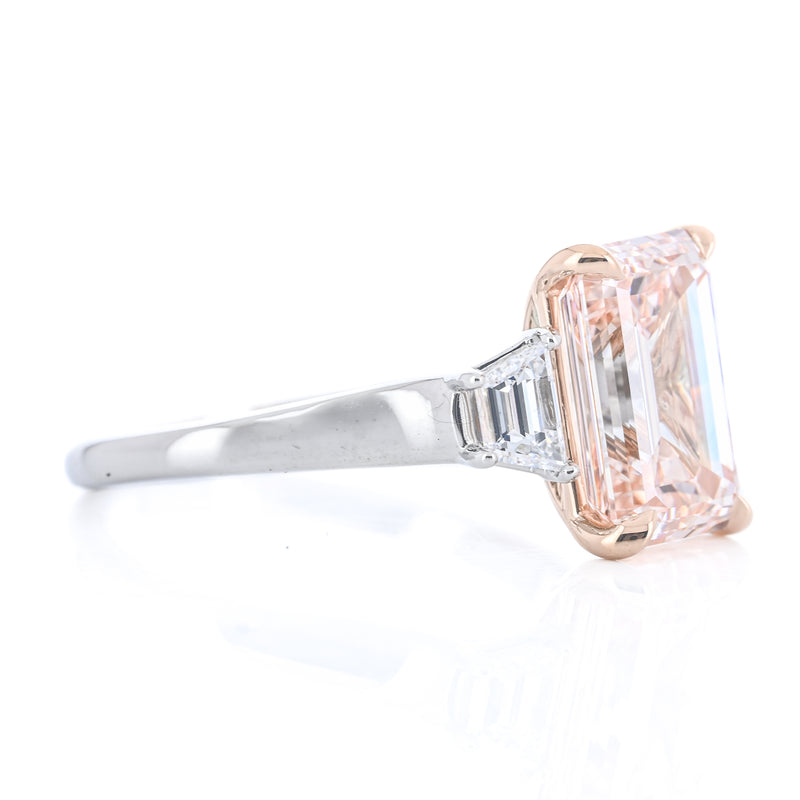 4.35CTW Fancy Pink Emerald + Trapezoid Diamond Three Stone Engagement Ring - 18K Rose Gold + 950 Platinum