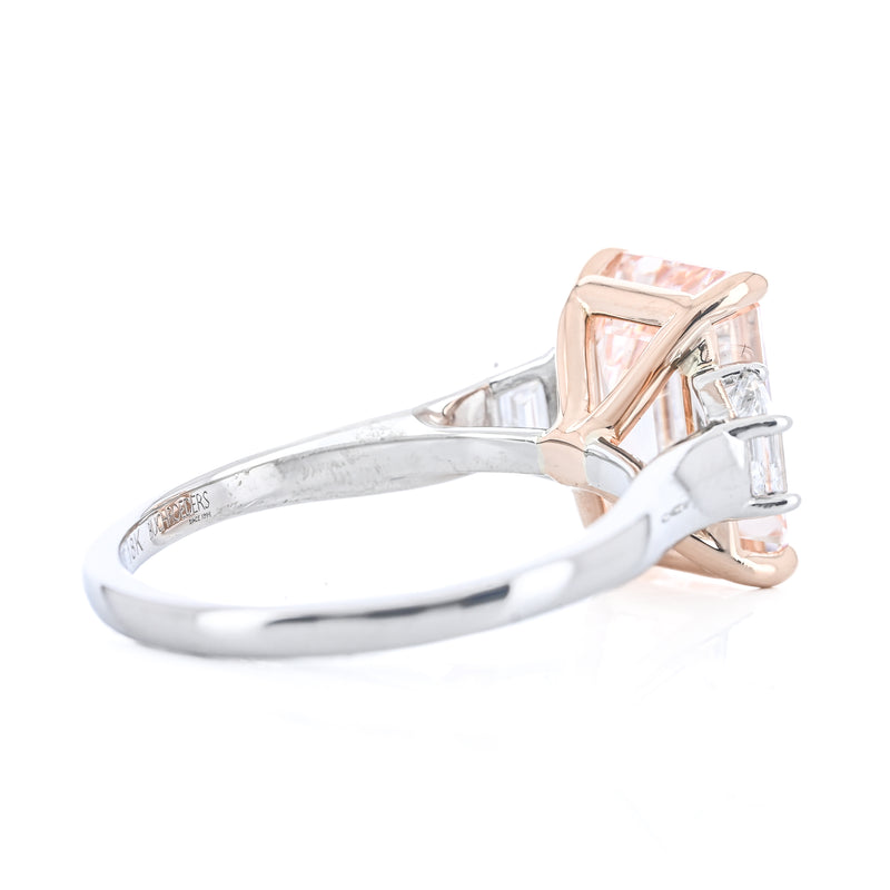 4.35CTW Fancy Pink Emerald + Trapezoid Diamond Three Stone Engagement Ring - 18K Rose Gold + 950 Platinum