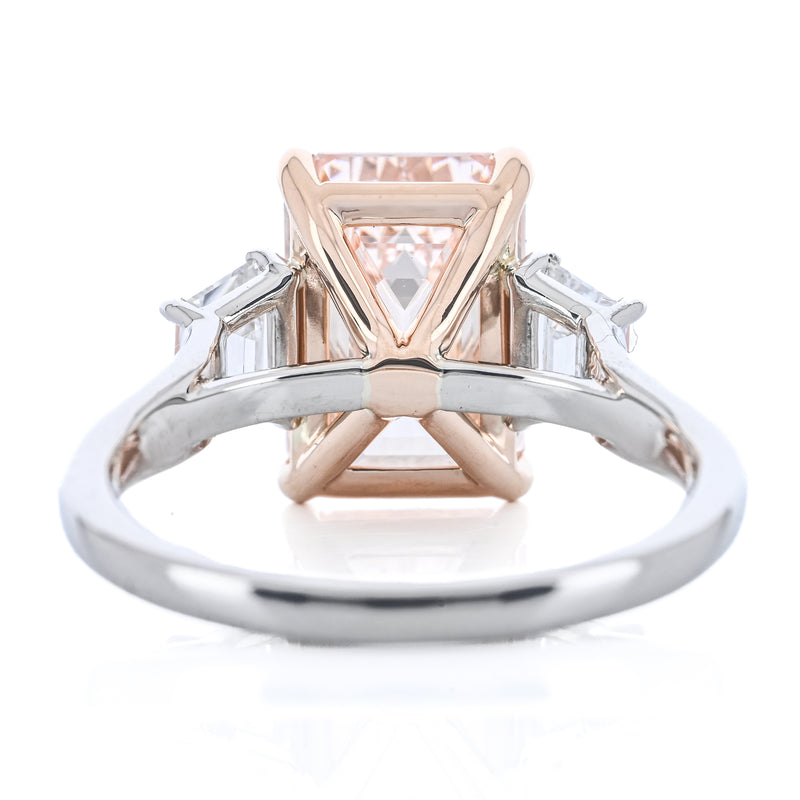 4.35CTW Fancy Pink Emerald + Trapezoid Diamond Three Stone Engagement Ring - 18K Rose Gold + 950 Platinum