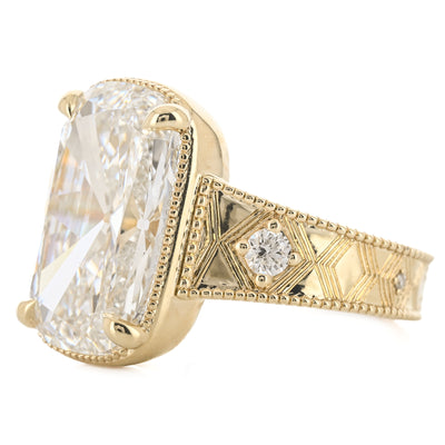7.21CTW Cushion Lab Grown Diamond Engagement Ring - Diamond Milgrain Taper - 14K Yellow Gold
