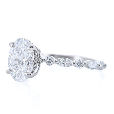 1.84CTW Oval Lab Grown Diamond Engagement Ring - Alternating Marquise + Round Diamond Band - 950 Platinum