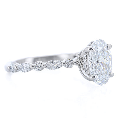 1.84CTW Oval Lab Grown Diamond Engagement Ring - Alternating Marquise + Round Diamond Band - 950 Platinum
