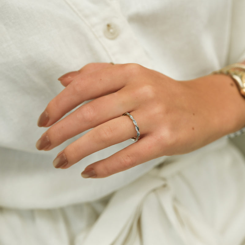 .09CTW Round Diamond Band - Twist + Pavé - 14K White Gold