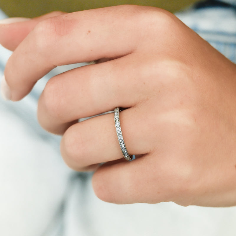 .11CTW Round Diamond Band, Size 4.5 - Bead and Bright Set - 14K White Gold