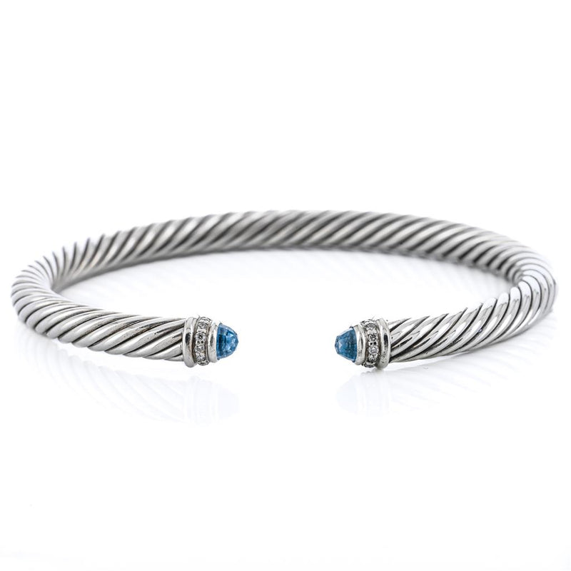 David Yurman | .07CTW Round Diamond + Blue Topaz Cable Bracelet, 6.5" - 925 Sterling Silver