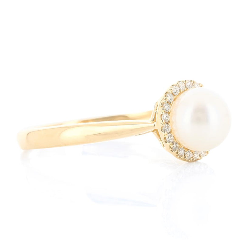 .08CTW Diamond + Cultured Freshwater Pearl Ring - Halo + Cathedral - 14K Yellow Gold