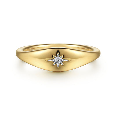 0.02ct Round Diamond Starburst Signet Ring - 14K Yellow Gold