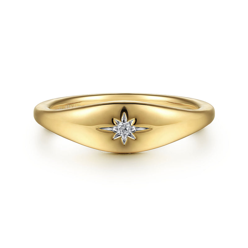 0.02ct Round Diamond Starburst Signet Ring - 14K Yellow Gold