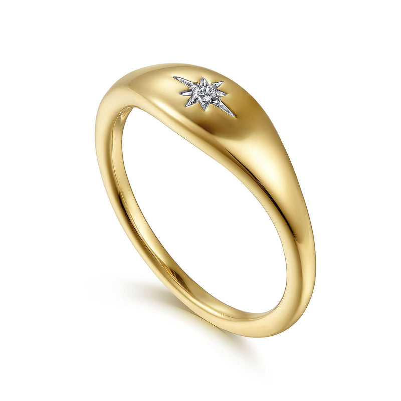 0.02ct Round Diamond Starburst Signet Ring - 14K Yellow Gold