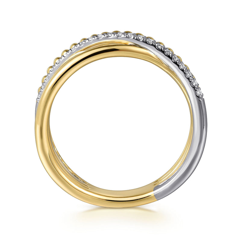 0.11ctw Round Diamond Criss-Cross + Bujukan Ring, Size 6.5 - 14K Multi-Tone Gold