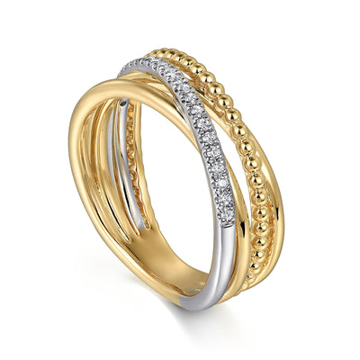 0.11ctw Round Diamond Criss-Cross + Bujukan Ring, Size 6.5 - 14K Multi-Tone Gold