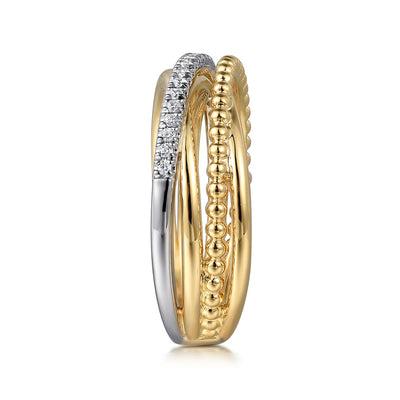 0.11ctw Round Diamond Criss-Cross + Bujukan Ring, Size 6.5 - 14K Multi-Tone Gold