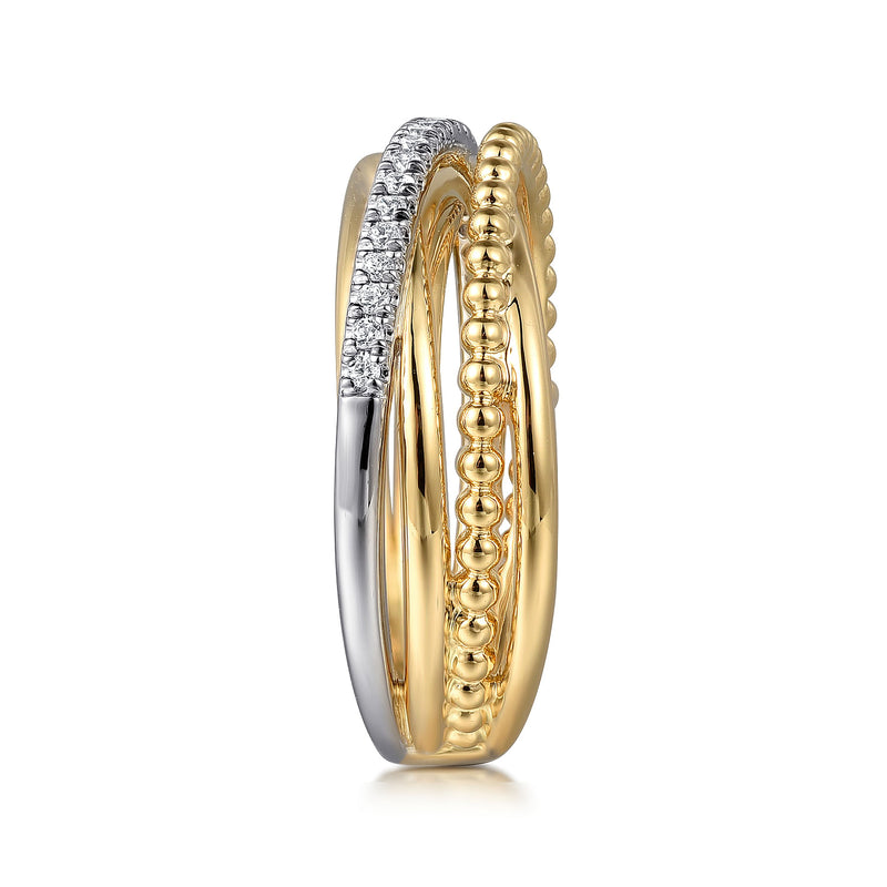 0.11ctw Round Diamond Criss-Cross + Bujukan Ring, Size 6.5 - 14K Multi-Tone Gold