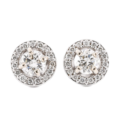 .63CTW Round Diamond Stud Earrings - 4 Prong + Halo - 14K White Gold