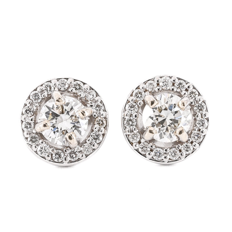 .63CTW Round Diamond Stud Earrings - 4 Prong + Halo - 14K White Gold