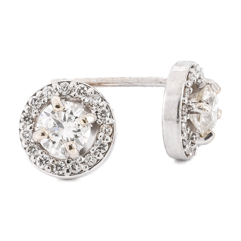.63CTW Round Diamond Stud Earrings - 4 Prong + Halo - 14K White Gold