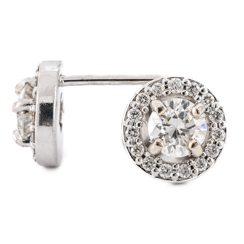 .63CTW Round Diamond Stud Earrings - 4 Prong + Halo - 14K White Gold