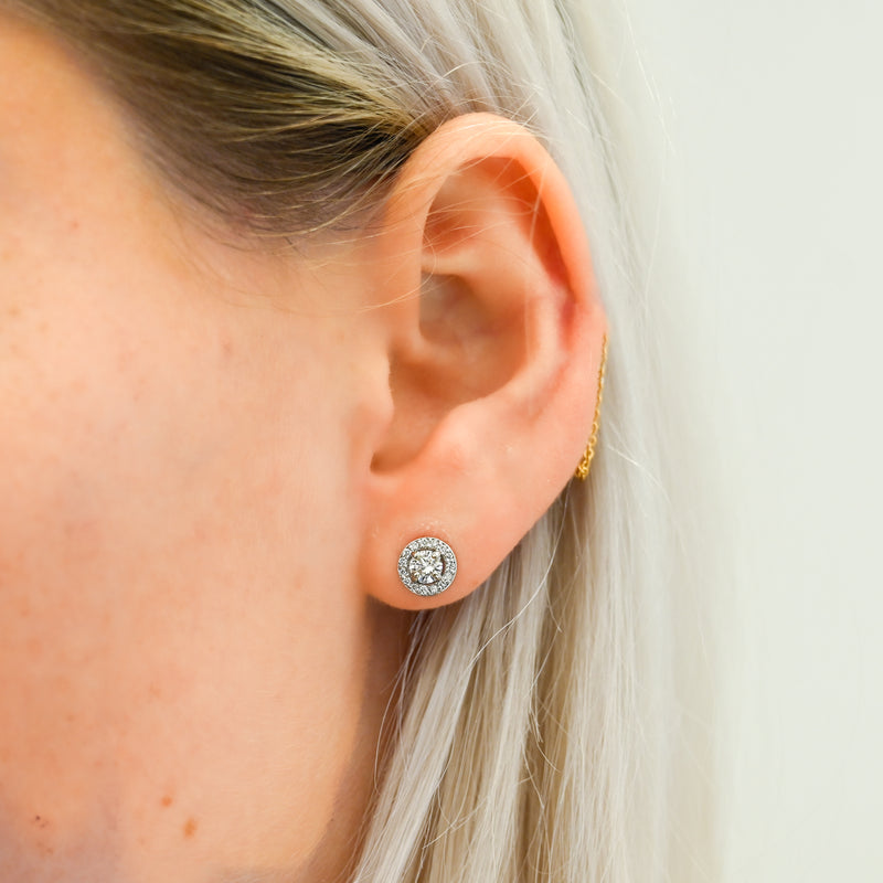 .63CTW Round Diamond Stud Earrings - 4 Prong + Halo - 14K White Gold