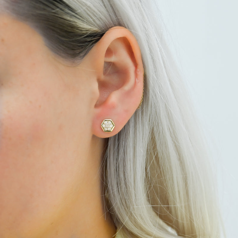 .33CTW Diamond Cluster Honeycomb Stud Earrings - 14K Yellow Gold