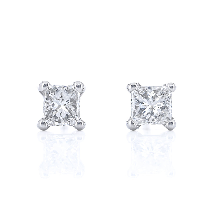 .27CTW Princess Diamond Stud Earrings - Martini Set + 4 Prong - 14K White Gold