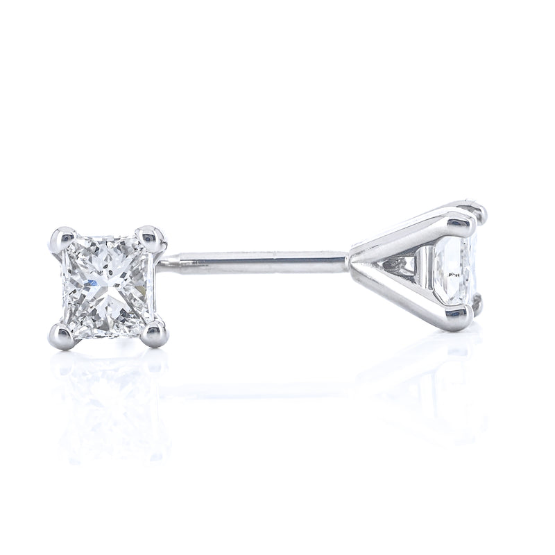 .27CTW Princess Diamond Stud Earrings - Martini Set + 4 Prong - 14K White Gold
