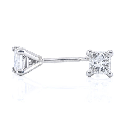 .27CTW Princess Diamond Stud Earrings - Martini Set + 4 Prong - 14K White Gold