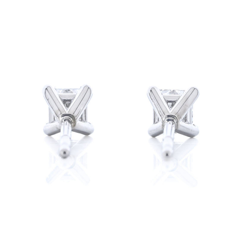 .27CTW Princess Diamond Stud Earrings - Martini Set + 4 Prong - 14K White Gold