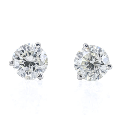1.4CTW Round Diamond Stud Earrings - Martini Set + 3 Prong - 14K White Gold