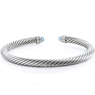 David Yurman | .07CTW Round Diamond + Blue Topaz Cable Bracelet, 6.5" - 925 Sterling Silver