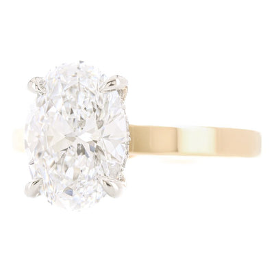 3.14CTW Oval Lab-Grown Diamond Engagement Ring, 3mm band - Hidden Halo + Solitaire - 14K Yellow Gold + 950 Platinum