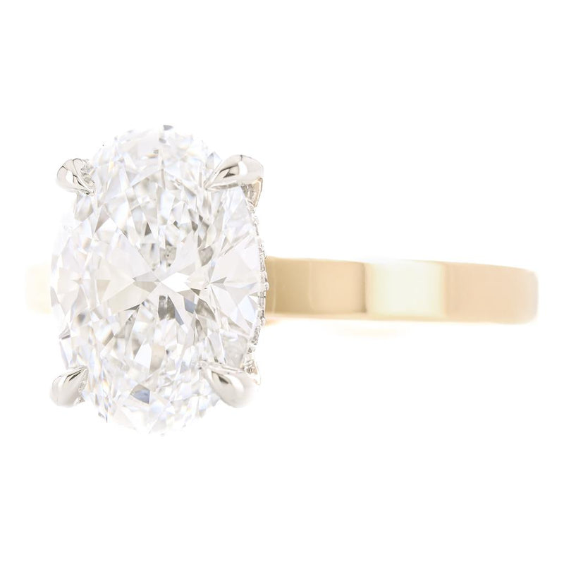 3.14CTW Oval Lab-Grown Diamond Engagement Ring, 3mm band - Hidden Halo + Solitaire - 14K Yellow Gold + 950 Platinum
