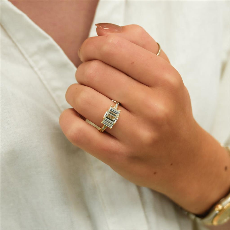 1.97CTW Emerald + Baguette Diamond Three Stone Engagment Ring - Pavé Band - 14K Yellow Gold