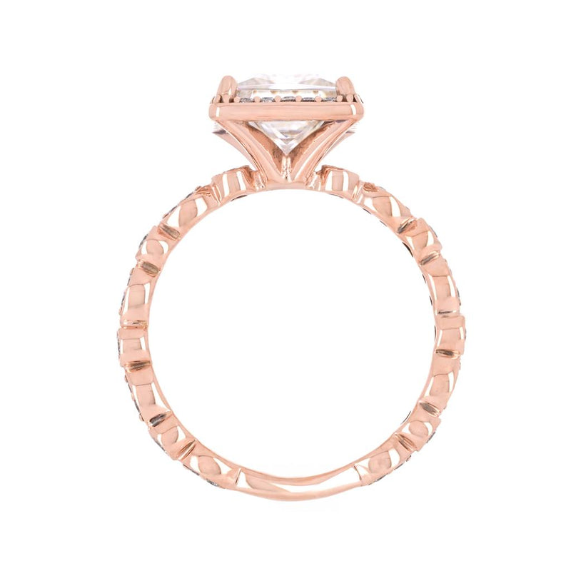 2.25tw Princess Moissanite + Diamond Engagement Ring, Halo, Scalloped - 14K Rose Gold